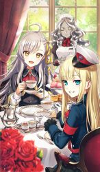 Rule 34 | 3girls, :d, ahoge, blonde hair, blue eyes, blush, chair, commentary request, craft essence (fate), cup, curtains, closed eyes, fate/grand order, fate (series), flower, food, fork, gloves, golem, grey hair, hair ribbon, hat, head tilt, holding, holding cup, light blush, long hair, looking at viewer, looking back, lord el-melloi ii case files, maid, maid headdress, mini hat, morikura en, multiple girls, official art, olga marie animusphere, open mouth, plate, red flower, red rose, reines el-melloi archisorte, ribbon, rose, saucer, sitting, smile, table, teacup, trimmau (fate), volumen hydragyrum (fate), white gloves, window, yellow eyes, yellow ribbon