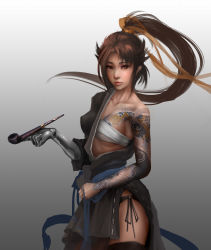 Rule 34 | 1girl, absurdres, arm tattoo, artist request, asymmetrical clothes, bare shoulders, black hair, black panties, black thighhighs, blue ribbon, breasts, brown eyes, collarbone, contrapposto, cowboy shot, dragon tattoo, eyelashes, genderswap, genderswap (mtf), gradient background, hair ribbon, hanzo (overwatch), high ponytail, highres, holding, holding smoking pipe, japanese clothes, lips, long hair, looking at viewer, mechanical arms, medium breasts, one breast out, overwatch, overwatch 1, panties, ponytail, ribbon, sarashi, sash, side-tie panties, side slit, single mechanical arm, smoking pipe, solo, standing, tattoo, thighhighs, underwear, yellow ribbon