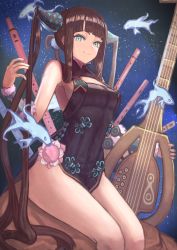 Rule 34 | 1girl, bare shoulders, black dress, blue eyes, blue fire, blunt bangs, breasts, china dress, chinese clothes, closed mouth, detached sleeves, dress, fate/grand order, fate (series), fire, fish, flute, hair ornament, highres, instrument, janoukyo19, long hair, looking at viewer, medium breasts, night, night sky, pipa (instrument), purple hair, sidelocks, sitting, sky, smile, solo, star (sky), starry sky, thighs, twintails, very long hair, yang guifei (fate), yang guifei (second ascension) (fate)