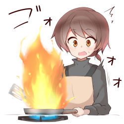 Rule 34 | 1girl, apron, azu ankoowl, brown eyes, brown hair, cooking, female focus, fire, frying pan, highres, open mouth, original, short hair, simple background, solo, spatula, stove, surprised, white background, worried