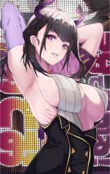 Rule 34 | 1girl, absurdres, armband, armpits, arms up, black hair, black skirt, braid, breasts, colored inner hair, commentary, demon horns, disco tei meteo, elbow gloves, french braid, gloves, highres, horns, indie virtual youtuber, large breasts, looking at viewer, medium hair, mole, mole under eye, multicolored hair, parted lips, presenting armpit, purple eyes, purple gloves, purple hair, ribs, sideboob, single glove, skirt, smile, solo, tomo0843, two-tone hair, upper body, virtual youtuber