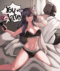 1boy 1girl absurdres animal_ear_fluff animal_ears arknights black_bra black_hair black_panties bra cellphone doctor_(arknights) exusiai_(arknights) gomsang-oh hickey highres holding holding_phone linea_alba long_hair navel on_bed panties phone smartphone tail texas_(arknights) underwear wolf_ears wolf_girl wolf_tail yellow_eyes