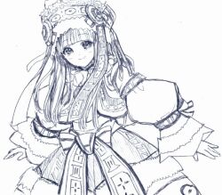 Rule 34 | 1girl, closed mouth, dress, greyscale, hat, long hair, long sleeves, looking at viewer, monochrome, murata tefu, relia (star ocean), simple background, smile, solo, star ocean, star ocean integrity and faithlessness, white background