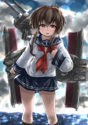 Rule 34 | 1girl, anchor symbol, black sailor collar, black skirt, black socks, brown hair, cloud, cloudy sky, commentary request, folded ponytail, hair ornament, hairclip, highres, inazuma (kancolle), kantai collection, kneehighs, lens flare, long hair, looking at viewer, machinery, neckerchief, nukoyarou, outdoors, pleated skirt, red neckerchief, sailor collar, school uniform, serafuku, skirt, sky, socks, solo, sparkle, standing, water