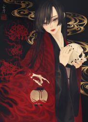 Rule 34 | 1girl, absurdres, black background, black hair, black kimono, black nails, brown eyes, cloak, closed mouth, commentary, disembodied hand, flower, hair over one eye, highres, holding, holding skull, japanese clothes, kimono, lantern, lips, long hair, long sleeves, looking at viewer, nail polish, original, paper lantern, red cloak, red flower, seal impression, signature, skeletal hand, skull, solo, spider lily, straight hair, upper body, ushiyama ame, wide sleeves