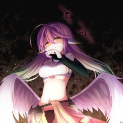 Rule 34 | 1girl, ahoge, angel wings, blood, blood on face, breasts, bridal gauntlets, closed mouth, spiked halo, crop top, cross, evil smile, feathered wings, gradient hair, hair between eyes, halo, jibril (no game no life), long hair, looking at viewer, low wings, magic circle, medium breasts, midriff, multicolored hair, no game no life, pink hair, smile, solo, sugar (dndi888), symbol-shaped pupils, tattoo, very long hair, white wings, wing ears, wings, yellow eyes