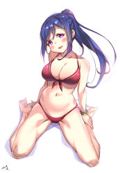 Rule 34 | 10s, 1girl, absurdres, barefoot, bikini, blue hair, blush, bracelet, breasts, cleavage, front-tie bikini top, front-tie top, full body, hand on foot, head tilt, highres, jewelry, joptr06, large breasts, long hair, looking at viewer, love live!, love live! sunshine!!, matsuura kanan, navel, ponytail, purple eyes, red bikini, signature, simple background, sitting, solo, swimsuit, white background