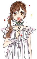 Rule 34 | 1girl, arm at side, brown hair, commentary request, covered mouth, dress, flower, hagiwara daisuke, hand up, holding, holding flower, hori-san to miyamura-kun, hori kyouko, leaf, long hair, looking at viewer, orange eyes, pink flower, short sleeves, solo, twitter username, upper body, white background, white dress