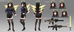 Rule 34 | 1girl, :t, absurdres, assault rifle, black-framed eyewear, black footwear, black hair, black skirt, black thighhighs, blue eyes, blue jacket, blush, carbine, character name, closed mouth, commentary request, commission, detached wings, glasses, glowing, glowing wings, gradient background, gradient hair, grey background, grin, gun, h&amp;k hk433, halo, high heels, highres, jacket, looking at viewer, mole, mole under eye, multicolored hair, multiple views, ndtwofives, nose blush, original, pencil skirt, pout, profile, red hair, rifle, shoe soles, shoes, skirt, smile, standing, striped, suppressor, sword, thighhighs, weapon, wings