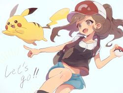 Rule 34 | 1girl, :d, backpack, bag, baseball cap, black shirt, blouse, blue shorts, brown eyes, brown hair, commentary, creatures (company), cursive, elaine (pokemon), english text, fang, game freak, gen 1 pokemon, hat, holding, holding poke ball, leaning back, light particles, long hair, looking at another, midriff, navel, nintendo, notice lines, open mouth, pikachu, pointing, pointing up, poke ball, poke ball (basic), pokemon, pokemon (creature), pokemon lgpe, ponytail, red hat, shirt, shoes, shorts, simple background, smile, standing, standing on one leg, ueda kou, white background
