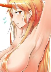 Rule 34 | 1girl, areola slip, armpits, arms up, blonde hair, breasts, close-up, embarrassed, female focus, from side, hair censor, hair over breasts, horns, hoshiguma yuugi, large breasts, miyahara gouto, nude, open mouth, red eyes, simple background, single horn, solo, tears, touhou