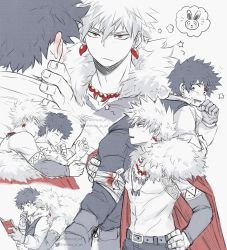 Rule 34 | 2boys, athena av, bakugou katsuki, bandaged leg, bandages, bare shoulders, belt, blood, blood on face, bloody bandages, boku no hero academia, book, boots, rabbit, cape, carrying over shoulder, closed mouth, commentary, earrings, english commentary, closed eyes, freckles, fur-trimmed cape, fur trim, gloves, hand on another&#039;s face, hand on another&#039;s leg, hand on own hip, highres, holding, holding book, hug, hug from behind, instagram logo, instagram username, jewelry, long sleeves, looking at another, lying, male focus, midoriya izuku, multiple boys, multiple necklaces, multiple views, necklace, official alternate costume, on side, open book, open mouth, pants, pillow, reading, red cape, red eyes, short hair, spiked hair, spot color, thought bubble, topless male, twitter logo, twitter username, under covers, white background, yaoi
