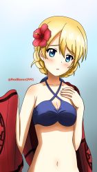 Rule 34 | 1girl, bikini, blonde hair, blue background, blue bikini, blue eyes, blush, braid, breasts, commentary, criss-cross halter, darjeeling (girls und panzer), flower, girls und panzer, gradient background, hair between eyes, hair flower, hair ornament, halterneck, hand on own chest, head tilt, hibiscus, highres, holding, holding towel, light frown, looking at viewer, medium breasts, navel, one-hour drawing challenge, parted lips, red flower, red towel, redbaron, short hair, solo, swimsuit, towel, twin braids, twitter username, upper body