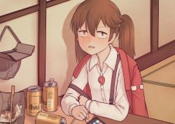 Rule 34 | 1girl, absurdres, beer can, blush, brand name imitation, brown eyes, brown hair, can, cellphone, collared shirt, crying, drink can, highres, indoors, jacy, jewelry, kantai collection, long sleeves, looking at viewer, medium hair, necklace, open mouth, phone, ryuujou (kancolle), shirt, sitting, smartphone, solo, table, tears, twintails, white shirt