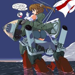 Rule 34 | 1girl, ass, black hair, brown hair, cruiser, english text, flag, from behind, funnel, gloves, gun, hms edinburgh (cruiser), looking at viewer, looking back, mecha musume, military, military vehicle, nanashi (7th exp), ocean, open mouth, original, outdoors, partially submerged, personification, ponytail, propeller, royal navy, ship, short hair, sky, solo, swimsuit, turret, warship, water, watercraft, weapon, white ensign, world war ii