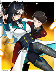 Rule 34 | 1boy, 1girl, artist name, black hair, black necktie, black pants, black shirt, blue eyes, blush, boots, breasts, brown hair, closed mouth, coat, colt python, commander (girls&#039; frontline), commentary, commission, darkpulsegg, english commentary, eyepatch, feet out of frame, fire, girls&#039; frontline, green eyes, grey footwear, griffin &amp; kryuger military uniform, gun, hand on another&#039;s shoulder, handgun, highres, holding, holding gun, holding weapon, long hair, long sleeves, looking at viewer, medium breasts, mole, mole under eye, necktie, one eye closed, open mouth, pants, parted lips, pixiv commission, python (girls&#039; frontline), red coat, revolver, shirt, short hair, smirk, standing, tears, thigh boots, weapon, white coat, white necktie, white shirt, yellow lips