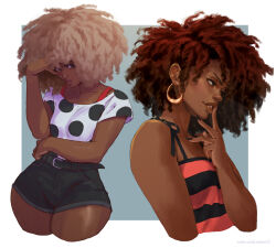 Rule 34 | 2girls, afro, belt, big hair, black belt, black nails, black shorts, bra strap, breasts, brown eyes, brown hair, brown lips, camisole, commentary, cropped legs, dark-skinned female, dark skin, earrings, english commentary, finger to mouth, fingernails, furrowed brow, grey hair, high-waist shorts, hoop earrings, jewelry, long fingernails, mismatched eyebrows, multiple girls, nail polish, nose, off-shoulder shirt, off shoulder, original, polka dot, red nails, rejean dubois, shirt, shorts, small breasts, striped camisole, t-shirt, thick eyebrows, thick thighs, thighs, very dark skin, wide hips