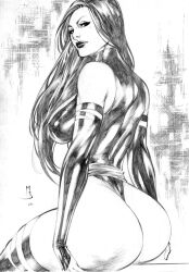 Rule 34 | 1girl, artist request, ass, ass focus, ass grab, breasts, butt crack, curvy, expressionless, grabbing own ass, highleg, highleg leotard, highres, huge ass, large breasts, leotard, lips, long hair, looking at viewer, looking back, marvel, monochrome, psylocke, revealing clothes, sash, shiny skin, sitting, skindentation, smile, solo, thong leotard, traditional media, very long hair, wide hips, x-men