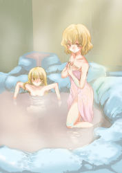 Rule 34 | 2girls, alice margatroid, bare shoulders, bath, blonde hair, blush, boulder, breasts, cleavage, completely nude, covering breasts, covering privates, female focus, kirisame marisa, leg lift, leg up, legs, long hair, multiple girls, naked towel, nanami sano, nude, nude cover, onsen, red eyes, rock, same-sex bathing, shared bathing, short hair, shy, side slit, sitting, smile, standing, steam, stone, touhou, towel, water, wet, wet hair, yellow eyes