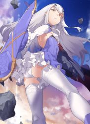 Rule 34 | 1girl, absurdres, ass, bikini, black gloves, blue dress, breasts, brown eyes, dress, melusine (fate), melusine (second ascension) (fate), fate/grand order, fate (series), forked eyebrows, frills, gloves, highres, long hair, long sleeves, looking at viewer, looking back, looking to the side, panties, parted lips, pretty-purin720, sidelocks, small breasts, solo, swimsuit, thighhighs, thighs, underwear, upskirt, weapon, white bikini, white hair, white thighhighs
