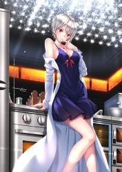 Rule 34 | 10s, 1girl, beaker, blush, breasts, cleavage, closed mouth, collarbone, dress, faucet, finger to mouth, highres, indoors, jewelry, kitchen, lab coat, lace, lace-trimmed dress, lace trim, long sleeves, looking at viewer, medium breasts, mixing bowl, nakiri alice, nightgown, oven, pendant, pot, red eyes, red ribbon, ribbon, shokugeki no souma, short hair, silver hair, smile, solo, stage lights, swordsouls, vial