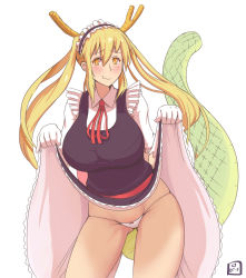 Rule 34 | 10s, 1girl, black dress, blonde hair, blush, bow, bow panties, breasts, closed mouth, clothes lift, collared shirt, cowboy shot, dragon girl, dragon horns, dragon tail, dress, dress shirt, elbow gloves, fang, frilled sleeves, frills, gaikiken, gloves, gluteal fold, groin, hair between eyes, horns, huge breasts, kobayashi-san chi no maidragon, large tail, legs apart, long hair, looking at viewer, maid, maid headdress, necktie, panties, puffy short sleeves, puffy sleeves, red necktie, sash, shirt, short sleeves, sidelocks, simple background, skirt, skirt hold, skirt lift, smile, solo, string panties, tail, tohru (maidragon), twintails, underwear, white background, white gloves, white panties, white shirt, yellow eyes