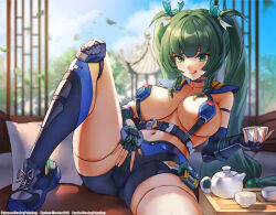 1girl alternate_breast_size android architecture breast_strap breasts cup east_asian_architecture green_eyes green_hair hand_on_own_crotch holding holding_cup joints large_breasts mosley_(mosleyyy) no_bra on_bed qingyi_(zenless_zone_zero) robot_joints smile solo teacup teapot tongue tongue_out twintails zenless_zone_zero