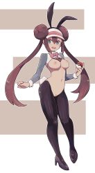 Rule 34 | 1girl, animal ears, bad id, bad pixiv id, black pantyhose, bow, bowtie, breastless clothes, breasts, brown background, cleft of venus, creatures (company), fake animal ears, female pubic hair, full body, game freak, highres, lamb-oic029, long hair, medium breasts, meme attire, navel, neck ribbon, nintendo, nipples, open mouth, pantyhose, poke ball, poke ball (basic), pokemon, pokemon bw2, pubic hair, pussy, rabbit ears, red bow, red bowtie, red eyes, reverse bunnysuit, reverse outfit, ribbon, rosa (pokemon), simple background, solo, standing, stomach, thigh gap, uncensored, very long hair, white background
