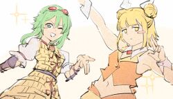 Rule 34 | 2girls, arm ribbon, arm up, armor, blonde hair, brooch, buttons, chinese commentary, choker, closed mouth, coat, collared shirt, commentary request, cosplay, costume switch, crop top, crossover, double bun, expressionless, gem, goggles, goggles on head, green eyes, green hair, gumi, hair bun, hair ribbon, haniwa (statue), jewelry, joutouguu mayumi, looking at viewer, midriff, multiple girls, navel, one eye closed, open mouth, orange shirt, orange skirt, outstretched arm, outstretched hand, puffy short sleeves, puffy sleeves, red-tinted eyewear, red gemstone, red ribbon, ribbon, sdz (inazuma), shirt, short hair, short sleeves, sidelocks, single blush sticker, sketch, skirt, sleeveless, sleeveless shirt, smile, sparkle, tinted eyewear, touhou, upper body, v-shaped eyebrows, vocaloid, white choker, white ribbon, white sleeves, white wrist cuffs, wrist cuffs, yellow armor, yellow background, yellow coat, yellow eyes