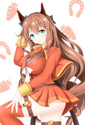 Rule 34 | 1girl, animal ears, aqua eyes, artist name, blue bow, bow, breasts, carrot print, cleavage, closed mouth, commentary request, cowboy shot, ear bow, food print, gurukorian, highres, horse ears, horse girl, horse tail, horseshoe print, jacket, large breasts, long hair, long sleeves, looking at viewer, maruzensky (umamusume), open clothes, open jacket, red jacket, red serafuku, red shirt, red skirt, red thighhighs, school uniform, serafuku, shirt, simple background, skirt, smile, solo, tail, thigh strap, thighhighs, umamusume, white background