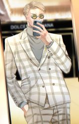Rule 34 | 1boy, blonde hair, cellphone, formal, goggles, grey suit, grey sweater, haine (xo hin), hand in pocket, highres, holding, holding phone, jacket, jujutsu kaisen, long sleeves, looking at viewer, male focus, nanami kento, pants, phone, plaid, plaid jacket, plaid pants, short hair, smartphone, solo, suit, sweater