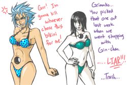 Rule 34 | 2girls, abs, angry, arrancar, bikini, black hair, bleach, blue eyes, blue hair, blush, breasts, cleavage, clenched hand, clenched teeth, collarbone, colored skin, english text, expressionless, facial mark, gender request, genderswap, genderswap (mtf), green eyes, grimmjow jaegerjaquez, hair over one eye, hand on own hip, long hair, multiple girls, navel, number tattoo, short hair, side-tie bikini bottom, spiked hair, strapless, strapless bikini, swimsuit, tattoo, teeth, text focus, ulquiorra cifer, white skin