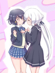 Rule 34 | 2girls, adjusting another&#039;s clothes, arms up, black dress, black hair, black jacket, blazer, blue eyes, blue skirt, commentary request, dress, eye contact, face-to-face, jacket, konno junko, long hair, looking at another, low twintails, mizuno ai, multiple girls, plaid, plaid skirt, red eyes, ribbon, school uniform, short hair, skirt, studiozombie, sweater, twintails, white hair, white sweater, zombie land saga