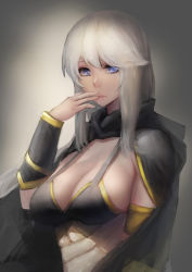Rule 34 | 1girl, ashe (league of legends), blue eyes, breasts, cleavage, highres, large breasts, league of legends, long hair, looking at viewer, silver hair, sky of morika, solo, standing