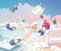 Rule 34 | 5girls, animal, blonde hair, cat, cityscape, fairy, flying, multiple girls, original, pump (pumpqmuq), red hair, size difference, sleeping