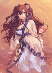 Rule 34 | 1girl, :3, absurdres, ahoge, alternate costume, alternate hairstyle, beige kimono, blue eyes, breasts, brown hair, choker, cleavage, commentary request, criss-cross halter, dress, earrings, feet out of frame, floral print, flower, hair between eyes, hair flower, hair ornament, halterneck, hand fan, highres, holding, holding fan, huge filesize, ichinose shiki, idolmaster, idolmaster cinderella girls, japanese clothes, jewelry, kimono, large breasts, long hair, long sleeves, looking at viewer, orange background, paper fan, purple choker, purple sash, sash, shan, smile, solo, tassel, two side up, uchiwa, white dress, white flower, wide sleeves