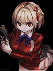 Rule 34 | 1girl, artist name, black background, blurry, bob cut, breasts, closed mouth, collared shirt, commentary, cowboy shot, dress, grey dress, gun, hair between eyes, hair ribbon, handgun, hands up, holding, holding gun, holding weapon, leaning forward, long sleeves, looking at viewer, lycoris recoil, lycoris uniform, makaroll, medium breasts, neck ribbon, nishikigi chisato, no pupils, own hands together, parted hair, pleated dress, purple ribbon, red dress, red eyes, red ribbon, ribbon, school uniform, shirt, short hair, simple background, smile, solo, split mouth, two-tone dress, weapon, white shirt