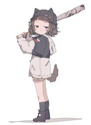 Rule 34 | 1girl, animal hat, baseball bat, baseball cap, brown hair, closed mouth, dog girl, dog tail, from side, full body, hat, highres, holding, holding baseball bat, hood, hood down, hooded jacket, jacket, long sleeves, looking at viewer, medium hair, original, shoes, shorts, simple background, socks, solo, standing, tail, uzoumuzo, white background