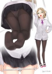 Rule 34 | 10s, 1girl, all fours, ama mitsuki, artist name, ass, black skirt, blonde hair, brown pantyhose, buttons, cardigan, collared shirt, dated, feet, from behind, glasses, green eyes, grey jacket, hand on own hip, jacket, kantai collection, katori (kancolle), long sleeves, lower body, multiple views, no shoes, open mouth, panties, panties under pantyhose, panty pull, pantyhose, pink shirt, pleated skirt, pocket, pulled by self, rimless eyewear, shirt, shoes, skirt, soles, text focus, thighs, translation request, underwear, undressing, upskirt, uwabaki, white panties, wing collar