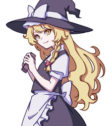 Rule 34 | 1girl, absurdres, apron, black dress, blonde hair, bow, braid, buttons, dress, flat chest, frilled dress, frills, hair bow, hat, hat bow, highres, kame (kamepan44231), kirisame marisa, one-hour drawing challenge, puffy sleeves, short sleeves, side braid, simple background, single braid, solo, touhou, waist apron, white background, white bow, witch hat, yellow eyes