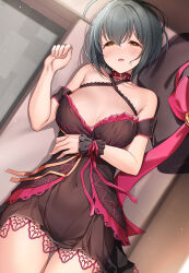 Rule 34 | 1girl, ahoge, armpit crease, bare shoulders, black dress, blush, breasts, breasts apart, brown eyes, collarbone, couch, covered erect nipples, covered navel, dress, green hair, hair between eyes, hat, highres, idolmaster, idolmaster cinderella girls, indoors, kohinata miho, large breasts, looking at viewer, lying, mk (mod0), off-shoulder dress, off shoulder, on back, on couch, open mouth, see-through, see-through dress, short hair, sleeping, solo, witch hat