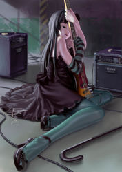 Rule 34 | 00s, 1girl, akiyama mio, amplifier, aqua pantyhose, asymmetrical clothes, bare shoulders, bass guitar, black dress, black eyes, black hair, blue pantyhose, cane, don&#039;t say &quot;lazy&quot;, dress, elbow gloves, geister, gloves, guitar, hat, high heels, highres, instrument, jpeg artifacts, k-on!, long hair, mini hat, mini top hat, pantyhose, realistic, shoes, signature, single glove, sitting, solo, striped clothes, striped gloves, top hat