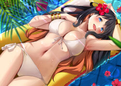 Rule 34 | 1girl, absurdres, arm above head, armpits, bikini, black hair, blue eyes, blurry, blush, bracer, breasts, brown hair, cleavage, colored inner hair, commentary request, depth of field, flower, hair flower, hair ornament, halterneck, hibiscus, highres, inflatable raft, long hair, looking at viewer, lying, medium breasts, multicolored hair, navel, open mouth, original, outdoors, palm leaf, petals, petals on liquid, side-tie bikini bottom, smile, solo, stomach, string bikini, swimsuit, two-tone hair, white bikini, yoshimoto (carpsukidayo)