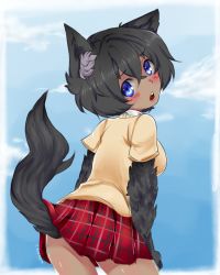 Rule 34 | 1girl, animal ears, animal hands, black hair, blue eyes, blue sky, blush, caleana, cloud, dark-skinned female, dark skin, day, from behind, fur, highres, looking at viewer, looking back, open mouth, original, plaid, plaid skirt, short hair, signature, skirt, sky, solo, sweater, tail, wolf ears, wolf girl, wolf tail