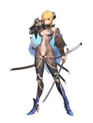 Rule 34 | 1girl, absurdres, black bodysuit, blonde hair, bodysuit, boots, breasts, cape, center opening, closed mouth, commentary request, dual wielding, full body, gun, hair between eyes, high heel boots, high heels, highres, holding, holding gun, holding sword, holding weapon, jinlin, katana, looking at viewer, medium breasts, armored boots, navel, original, over shoulder, revealing clothes, sheath, sheathed, short hair, simple background, solo, standing, swept bangs, sword, tachi-e, v-shaped eyebrows, weapon, weapon over shoulder, white background, yellow eyes