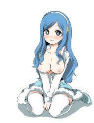 Rule 34 | + +, 1girl, :3, blue hair, blue skirt, blush, breasts, breasts out, covering crotch, covering privates, eyelashes, female focus, flower-shaped pupils, hair ornament, headband, highres, himouto! umaru-chan, hyooonoir, long hair, long sleeves, looking at viewer, nipples, no bra, open clothes, open shirt, parted bangs, school uniform, shirt, shoes, simple background, sitting, skirt, solo, symbol-shaped pupils, tachibana sylphynford, thighhighs, uniform, wariza, wavy hair, white background, white thighhighs
