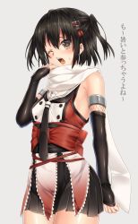 Rule 34 | 10s, 1girl, ;o, bare shoulders, black gloves, black hair, black skirt, breasts, brown eyes, buttons, cowboy shot, double-breasted, elbow gloves, fingerless gloves, fishnets, gloves, grey background, hair ornament, hairpin, hand up, highres, kantai collection, keita (tundereyuina), medium breasts, one eye closed, open mouth, pleated skirt, red shirt, sash, scarf, sendai (kancolle), sendai kai ni (kancolle), shirt, simple background, skirt, sleeveless, sleeveless shirt, solo, standing, sweatdrop, tassel, text focus, translation request, white scarf