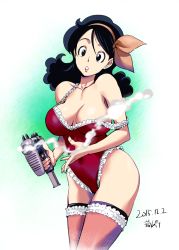 Rule 34 | 10s, 1girl, 2015, areola slip, bare shoulders, black eyes, black hair, bow, breasts, chestnut mouth, cleavage, collarbone, convenient censoring, covered navel, cowboy shot, curly hair, dated, dragon ball, dragon ball (classic), facing viewer, female focus, finger on trigger, frilled thighhighs, frills, gun, hair between eyes, hair bow, hairband, holding, holding gun, holding weapon, kon-kit, large breasts, leotard, lingerie, long hair, looking at viewer, lunch (dragon ball), lunch (good) (dragon ball), nail polish, no bra, pink nails, simple background, smoke, smoke censor, solo, standing, strap gap, strap slip, surprised, swept bangs, teddy (lingerie), thighhighs, underwear, weapon, white background