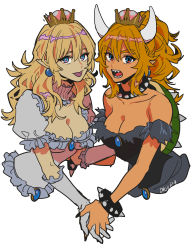 Rule 34 | 2girls, bare shoulders, black dress, blonde hair, blue eyes, bowsette, bracelet, breasts, cleavage, collar, dress, earrings, frilled dress, frills, highres, horns, jewelry, long hair, looking at viewer, luigi&#039;s mansion, mario (series), medium breasts, multiple girls, new super mario bros. u deluxe, nintendo, okada (hoooojicha), open mouth, pointy ears, ponytail, princess king boo, sharp teeth, signature, simple background, spiked bracelet, spiked collar, spiked shell, spikes, super crown, teeth, tongue, tongue out, turtle shell, white background