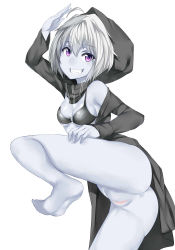 Rule 34 | 10s, 1girl, abyssal ship, ahoge, anus, ass, bad anatomy, barefoot, bottomless, breasts, grin, hews, highres, hood, kantai collection, looking at viewer, medium breasts, monochrome, no tail, o-ring, o-ring top, pale skin, purple eyes, pussy, re-class battleship, short hair, silver hair, simple background, smile, solo, teeth, uncensored, white background